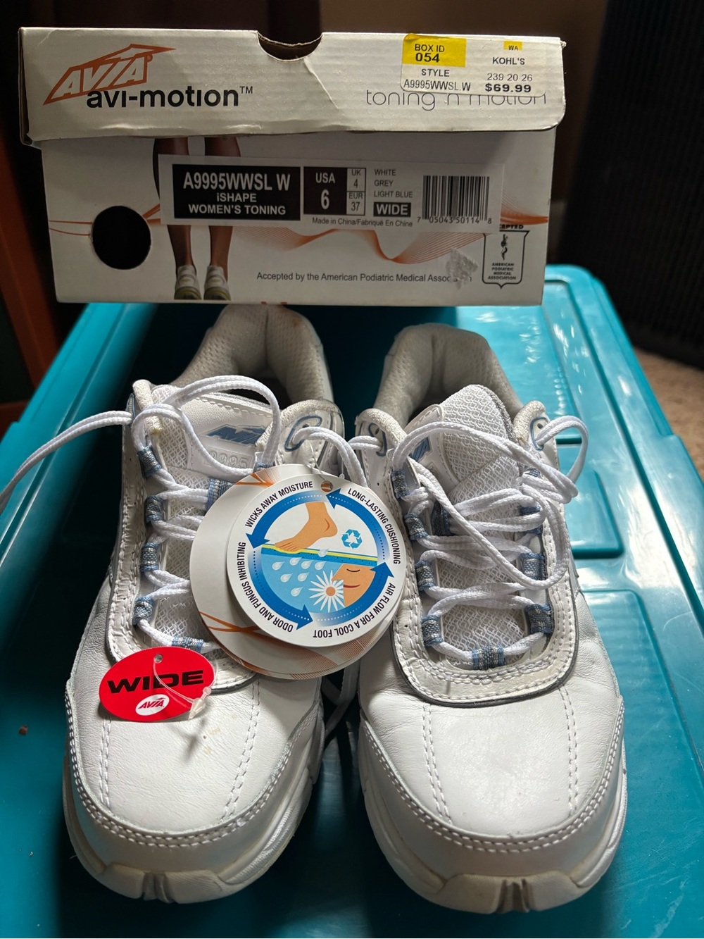 Avia White and Light Blue Women's Wide Walking Sneakers